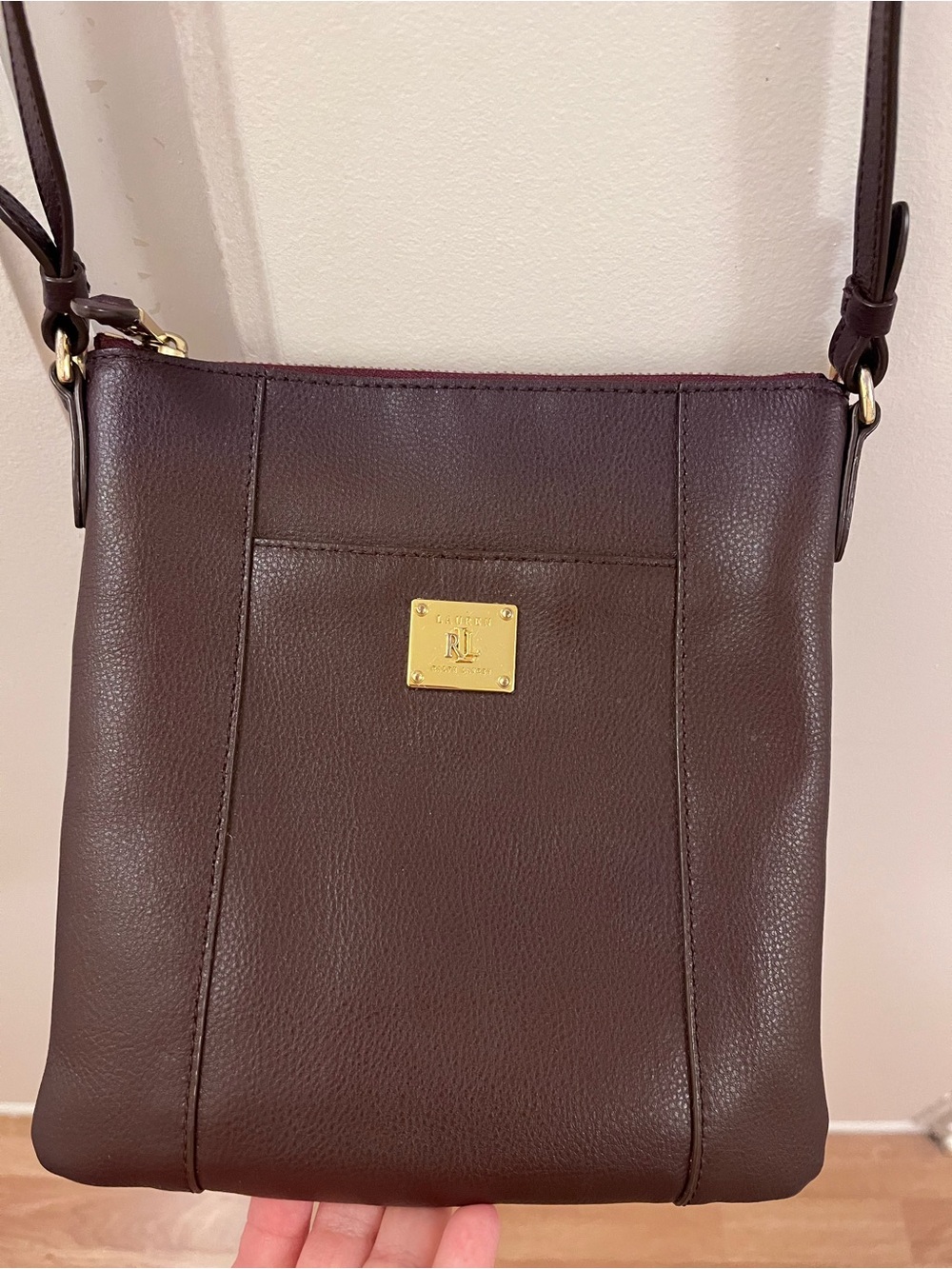 Lauren Ralph Lauren Wine Pebbled Leather Crossbody with Gold Plaque